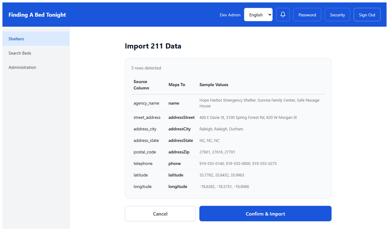 211 CSV preview showing 8 columns mapped from iCarol-style headers to FABT fields, with sample values from 3 shelters