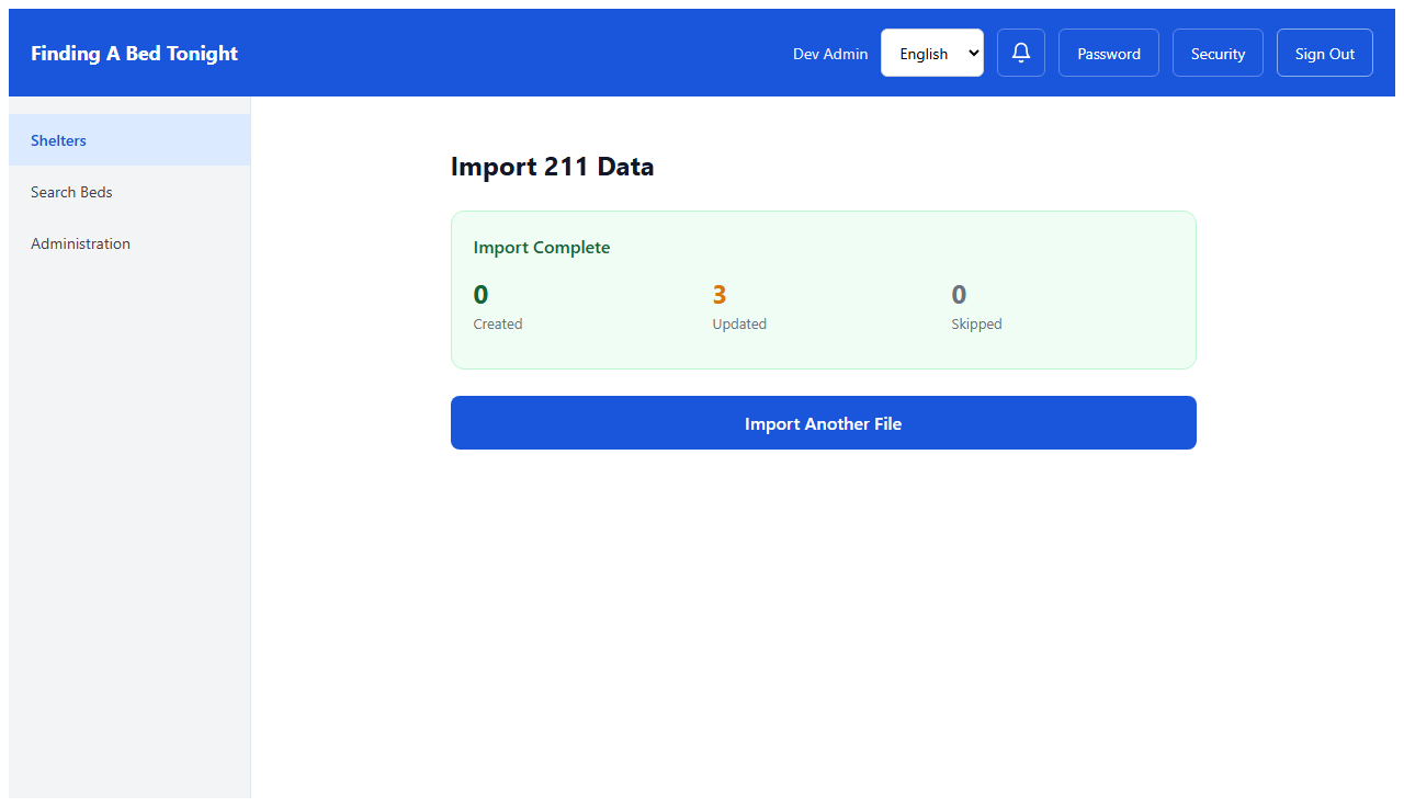 Import success screen showing 3 shelters created, 0 updated, 0 skipped