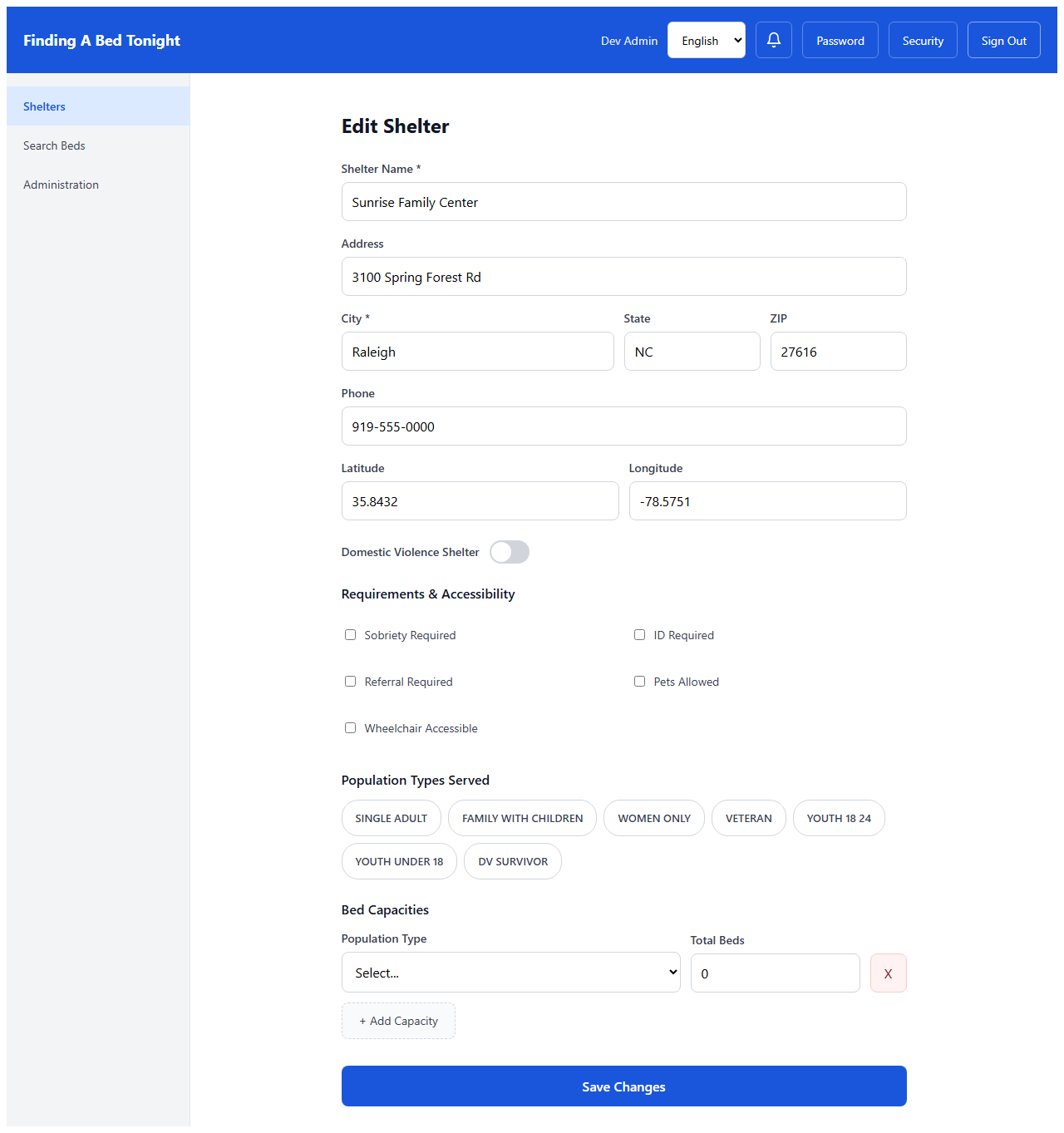 Shelter edit form showing Sunrise Family Center with phone field displaying 919-555-0000, ready to be corrected