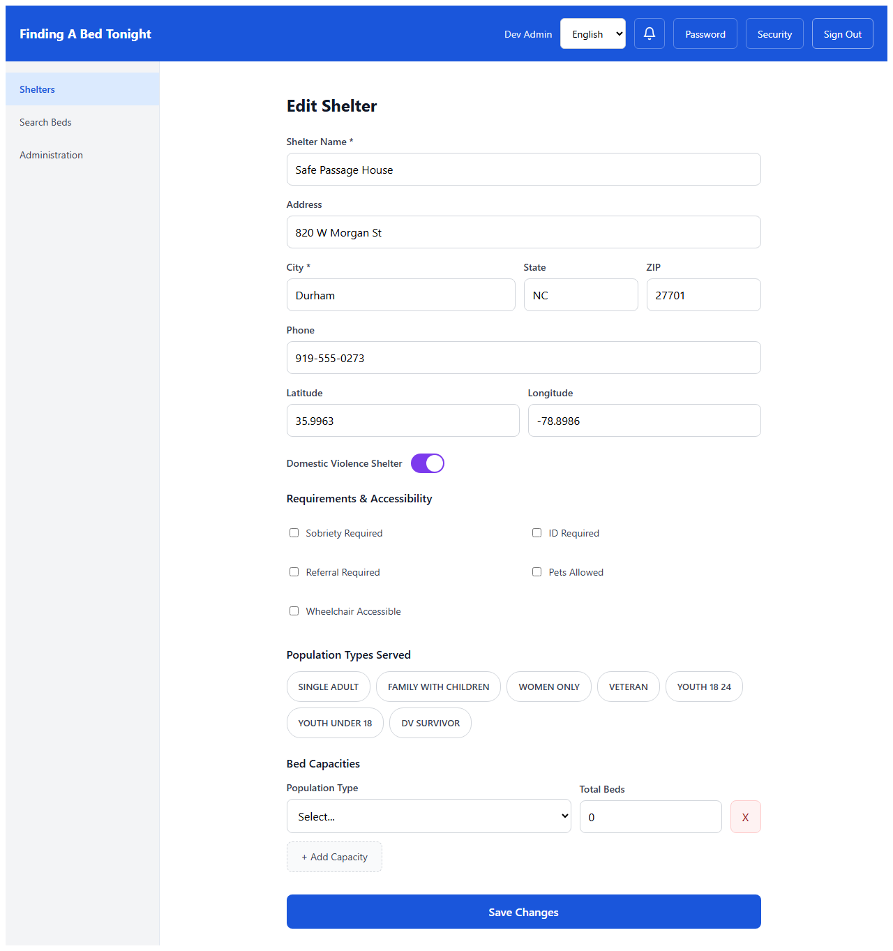Shelter edit form for Safe Passage House showing the Domestic Violence Shelter toggle switch
