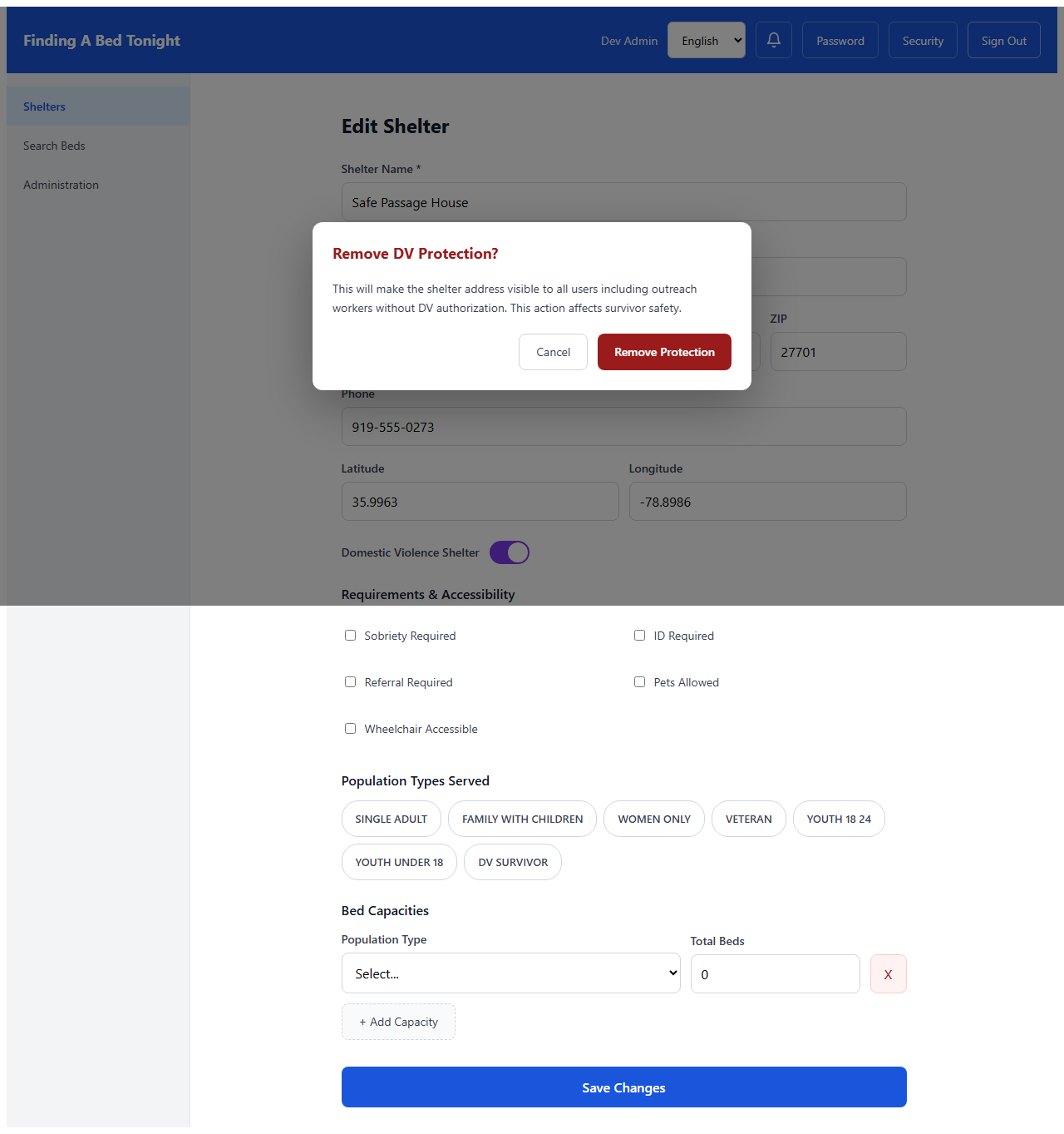 Confirmation dialog warning that removing DV protection will make the shelter address visible to all users