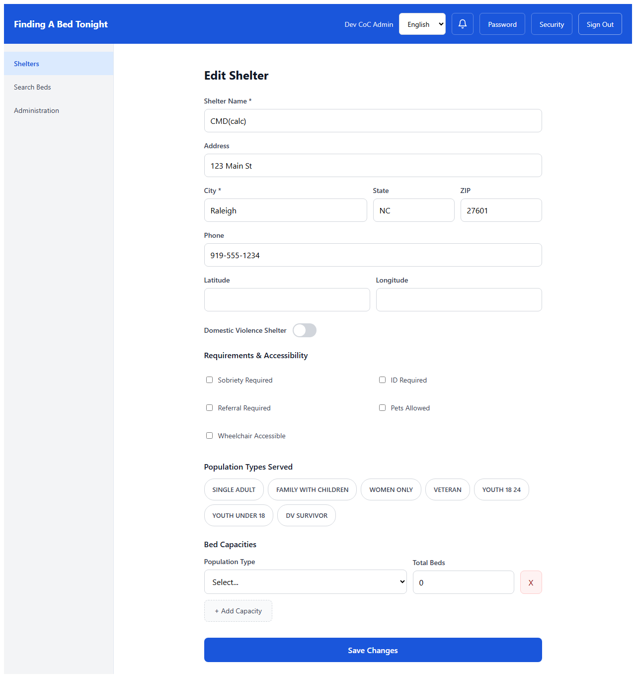 Coordinator shelter edit form showing operational fields editable