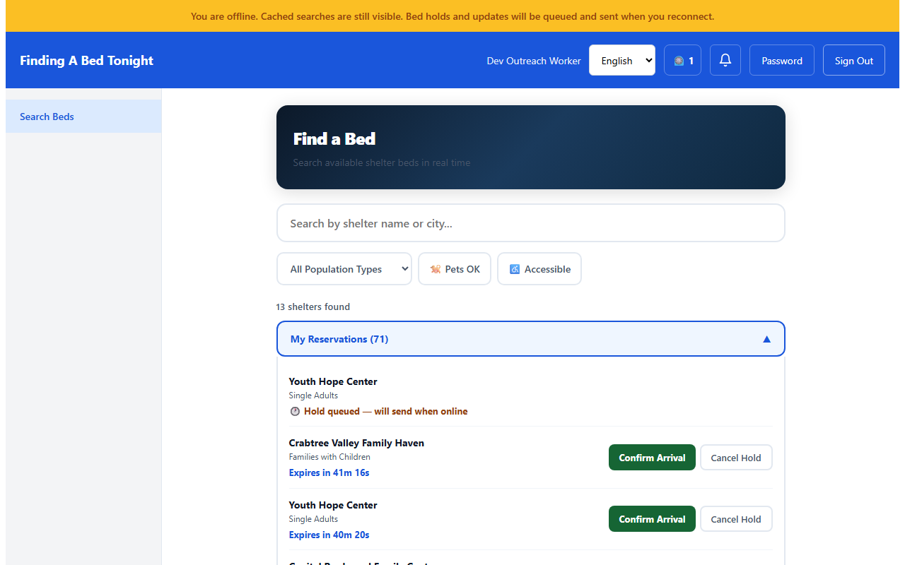 Bed hold queued while offline, shown alongside active reservations